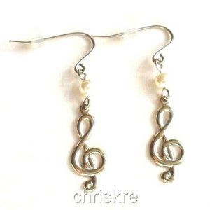 Music Pearl Clef Note Earrings Silver Plated Musician Teacher Graduation Gift